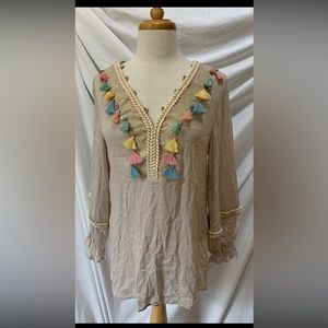 Soft Surroundings Embroidered Tassel Boho Peasant Rayon Top M ~